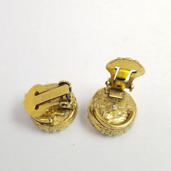 Vintage Zentall Round Rhinestone Clip On Earrings, Gold Tone Halo Signed - Picture 4 of 8